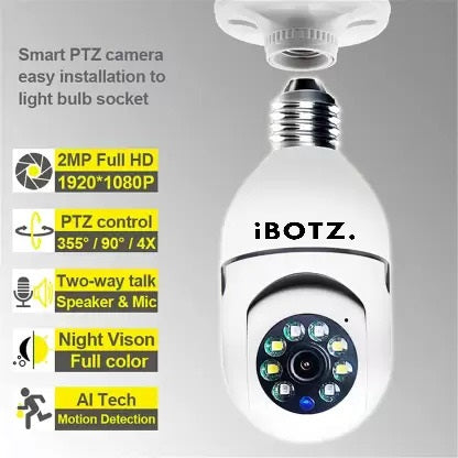 IBOTZ 360 Light Bulb Wireless IP WiFi Camera, Bulb Camera, 1080p WiFi Auto Rotation Fish Eye 360 Degree Panoramic Mini Lamp IR CCTV 1440p Wireless Camera (2-Pack)