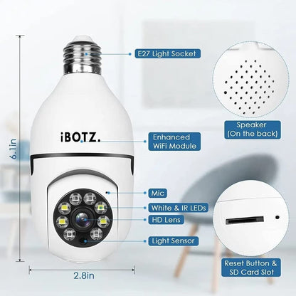 IBOTZ 360 Light Bulb Wireless IP WiFi Camera, Bulb Camera, 1080p WiFi Auto Rotation Fish Eye 360 Degree Panoramic Mini Lamp IR CCTV 1440p Wireless Camera (2-Pack)