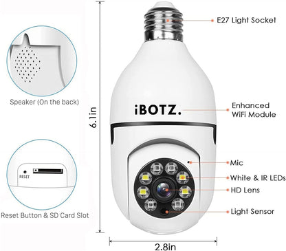 IBOTZ 360 Light Bulb Wireless IP WiFi Camera, Bulb Camera, 1080p WiFi Auto Rotation Fish Eye 360 Degree Panoramic Mini Lamp IR CCTV 1440p Wireless Camera (2-Pack)